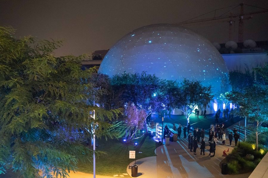 The giant dome theater at the Riot campus looked gorgeous in the night sky