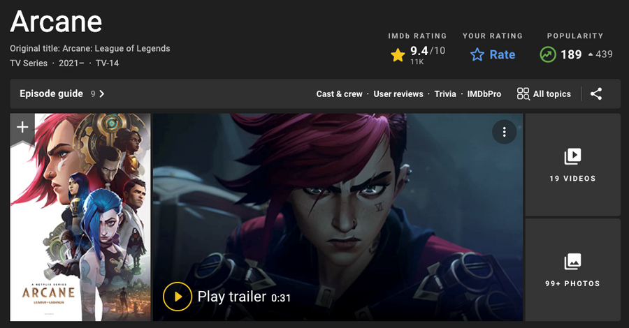 Arcane quickly earns IMDb’s highest rating for a Netflix original series upon release