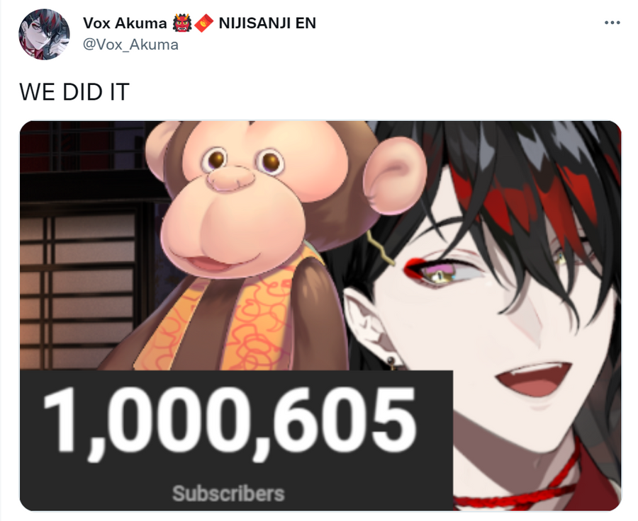 NIJISANJI EN Vox Akuma reaches 1 million subscribers on