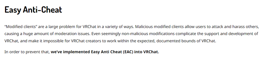 A screenshot taken from the official blog of VRChat shows the reason for the team to bring EAC.