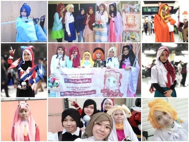 Several photos of Hijab cosplayers in multiple anime events.