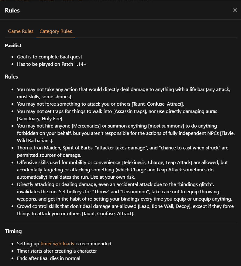 A screenshot of part of the pacifist rules on Speedrun.com.