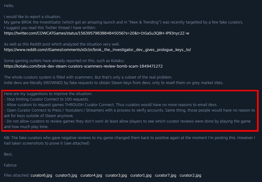 A screenshot of COWCAT&rsquo;s email to Steam