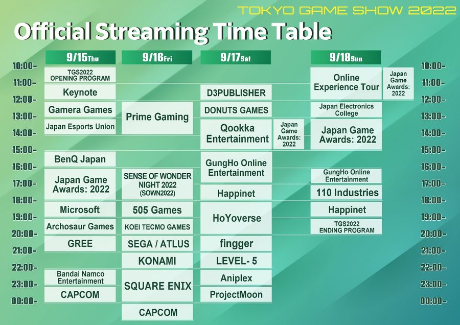Official streaming timetable for TGS 2022 (Japan Standard Time)