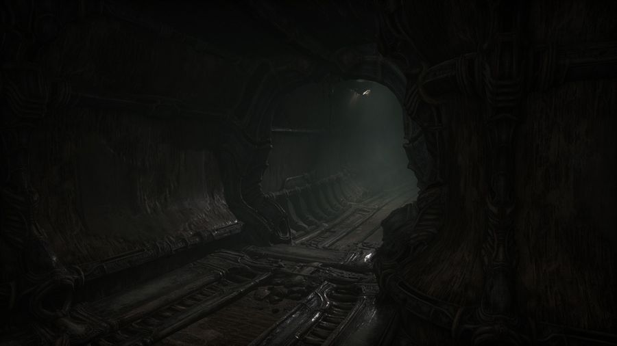 The overall color tone is black and dark green, which makes the sticky corridors look very eerie under the white top light. 