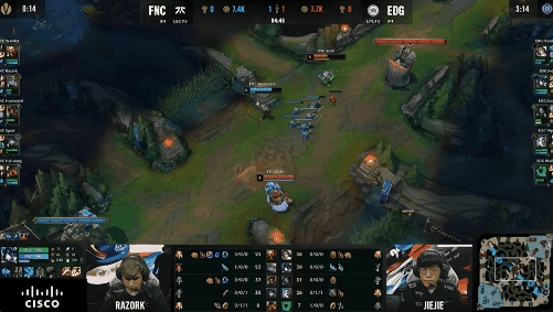 At five minutes, EDG's Junger Jiejie and Mid Laner Socut ganked Viktor in the mid-lane.