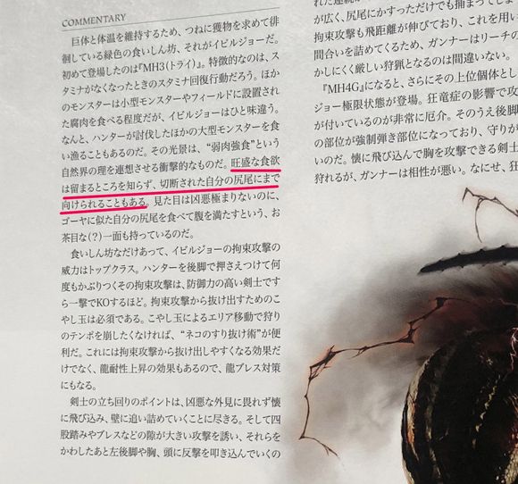 A photo with lines of "Deviljho eats its tail" shared by a player was taken from page 124 of "Monster Hunter Visual & Memorial Archives"