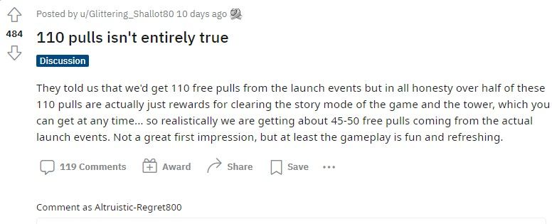 Players on Twitter and Reddit discussing the “110 free pulls“ of Nikke