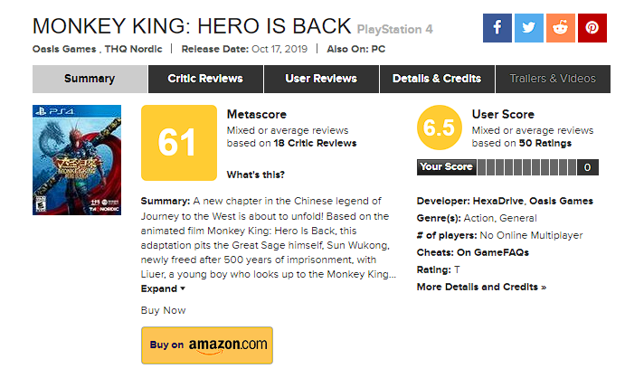 The game only received a 61 on Metacritic