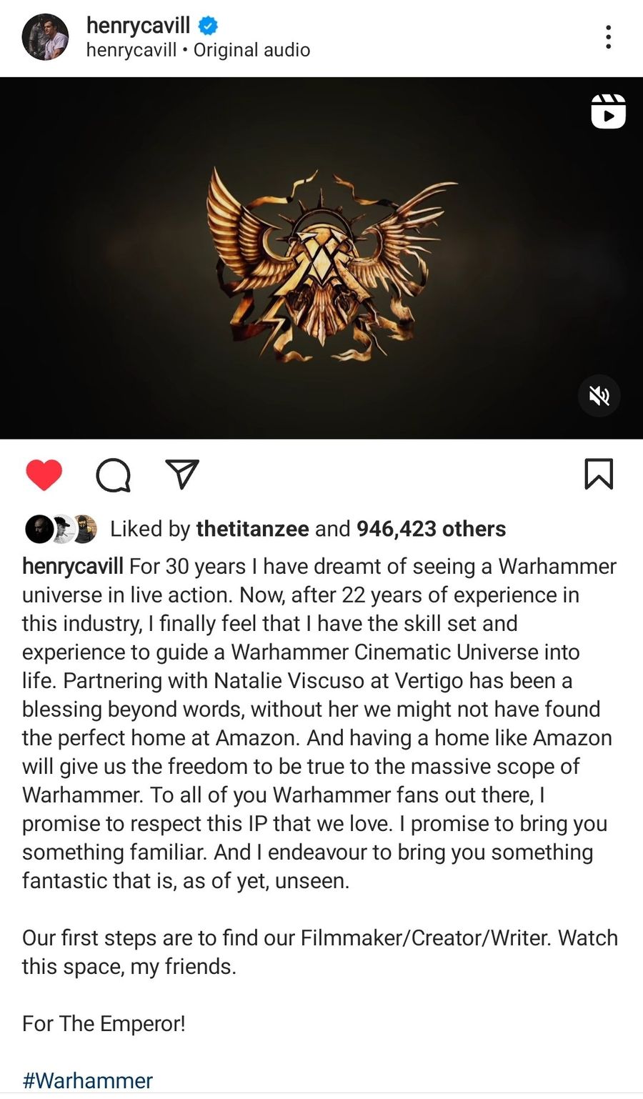 Henry Cavill saying that he will star and produce Warhammer 40K for Amazon
