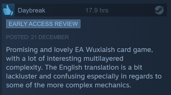 A Screenshot of Yi Xian: The Cultivation Card Game’s review.