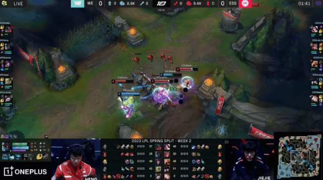 In game one, at six minutes, the Support and Jungler from EDG killed WE’s Syndra in the mid-lane, the First Blood.
