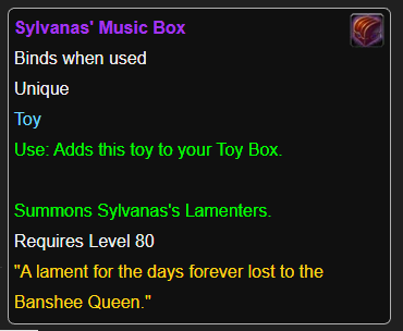 The item description of Sylvanas’ Music Box, taken from wowpedia.