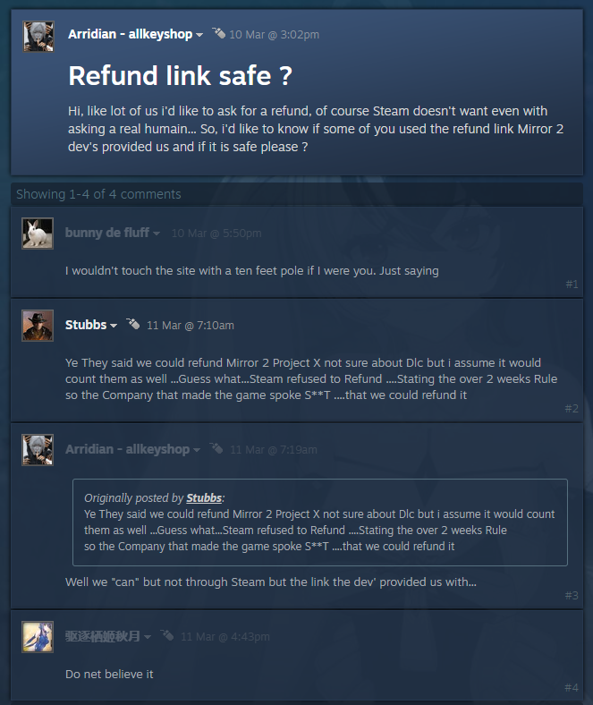 A screenshot of the game’s discussions shows players were concerned about the safety of the refund link.