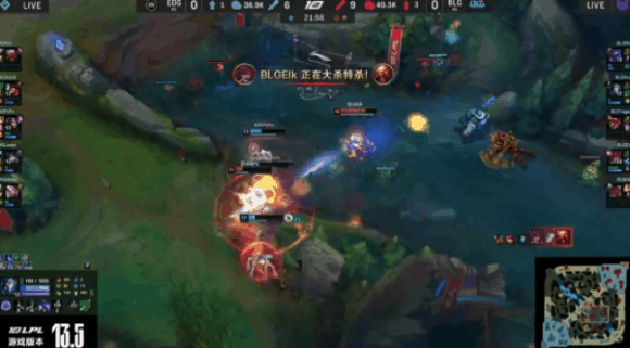 In game one, at 21 minutes, BLG Elk on Xayah secured an incredible quadra kill.