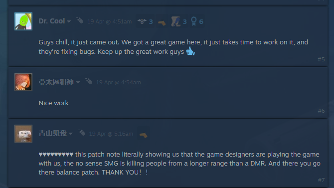 A screenshot of the comments under the Patch notes