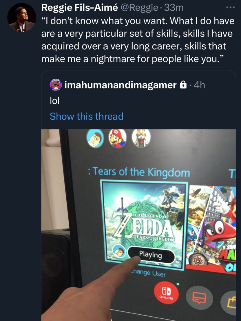 On May 4th, former president of Nintendo of America, Reggie Fils-Aimé, condemned the leak of Tears of the Kingdom.