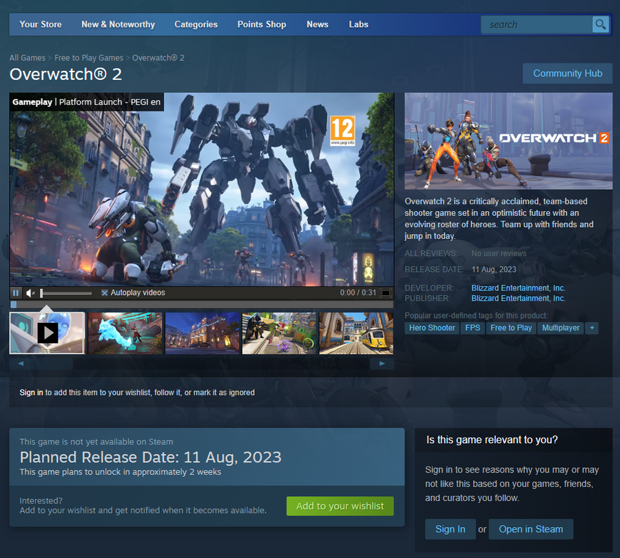Overwatch 2 Steam Store Page