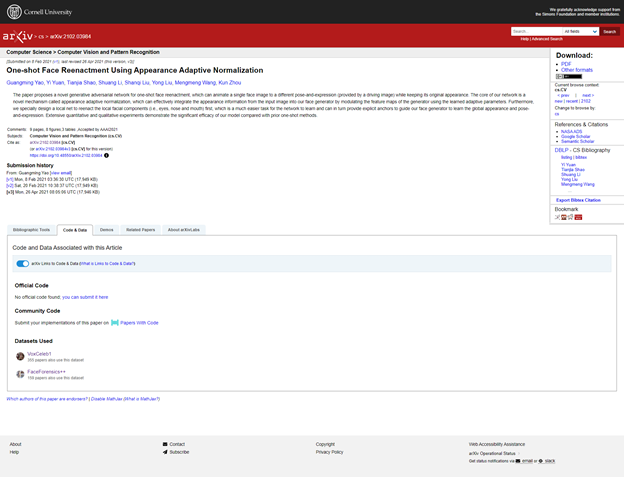 According to our dug-in, the research paper &ldquo;One-shot Face Reenactment Using Appearance Adaptive Normalization&rdquo; (released in 2021 by NetEase Fuxi AI Lab) uses the data from open datasets VoxCeleb1 and FaceForensics++.