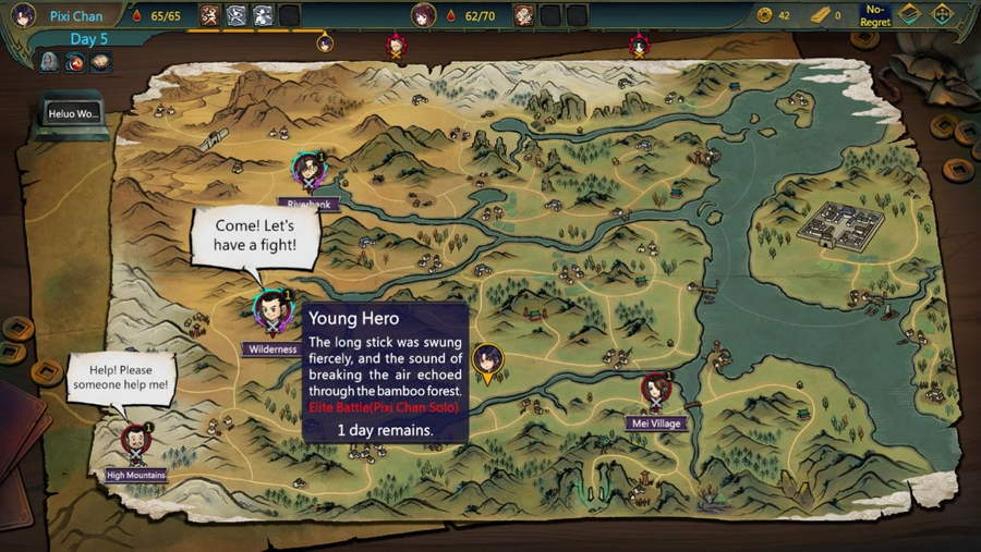 A screenshot of the world map in Traveler of Wuxia where players will choose their next move.