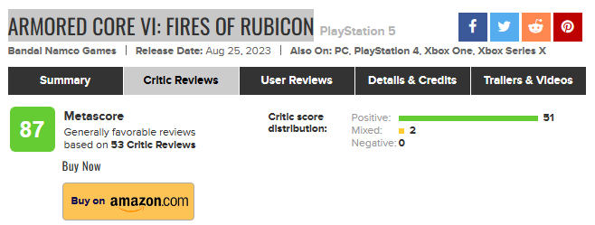 Armored Core VI: Fires of Rubicon on Metacritic