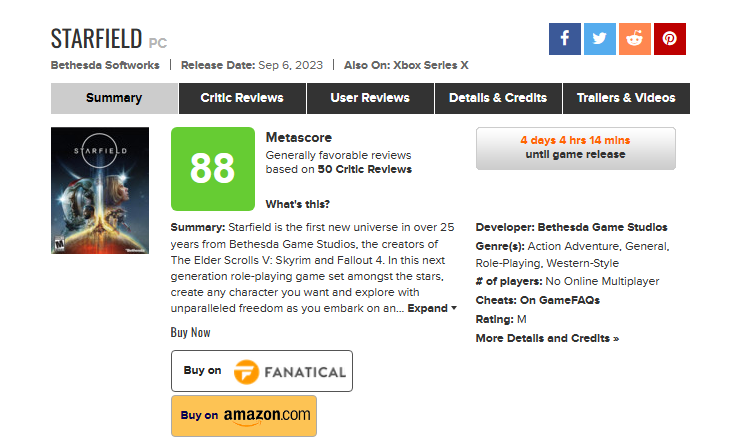 Starfield reviews drop as Metacritic score is revealed