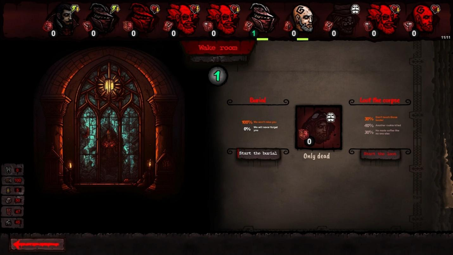 A screenshot of the “Wake room” on the train where the player may bury fallen crew.