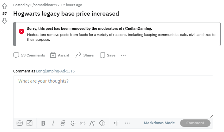 A Reddit thread about the price hike has been removed