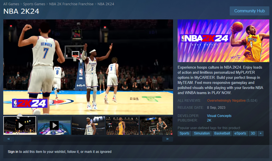 NBA 2K24 Is Now One of the Lowest-Rated Steam Games of All Time