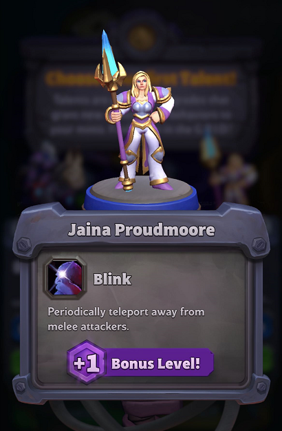 A screenshot shows Jaina getting the Blink talent after the player clears the 30th level.