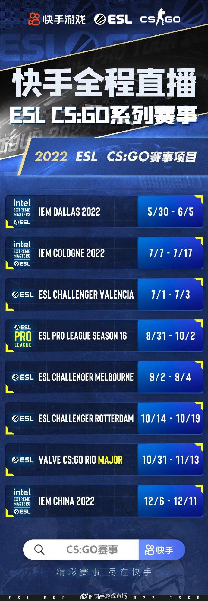 A schedule of Kuaishou&rsquo;s CS:GO broadcasting plan