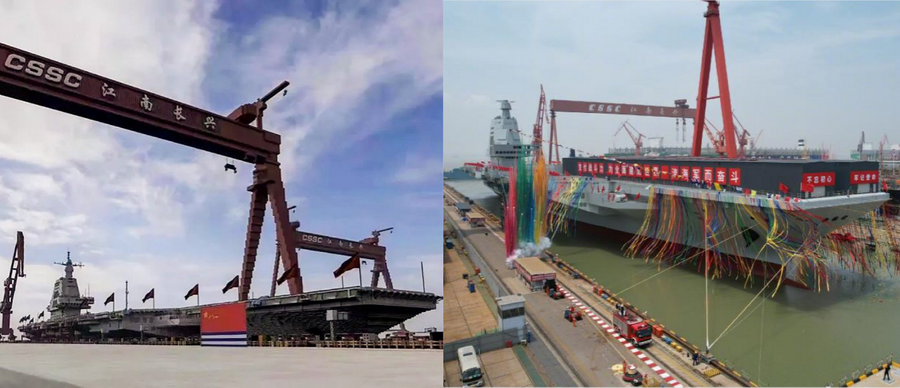 A comparison picture of the fanmade model and the real aircraft carrier.